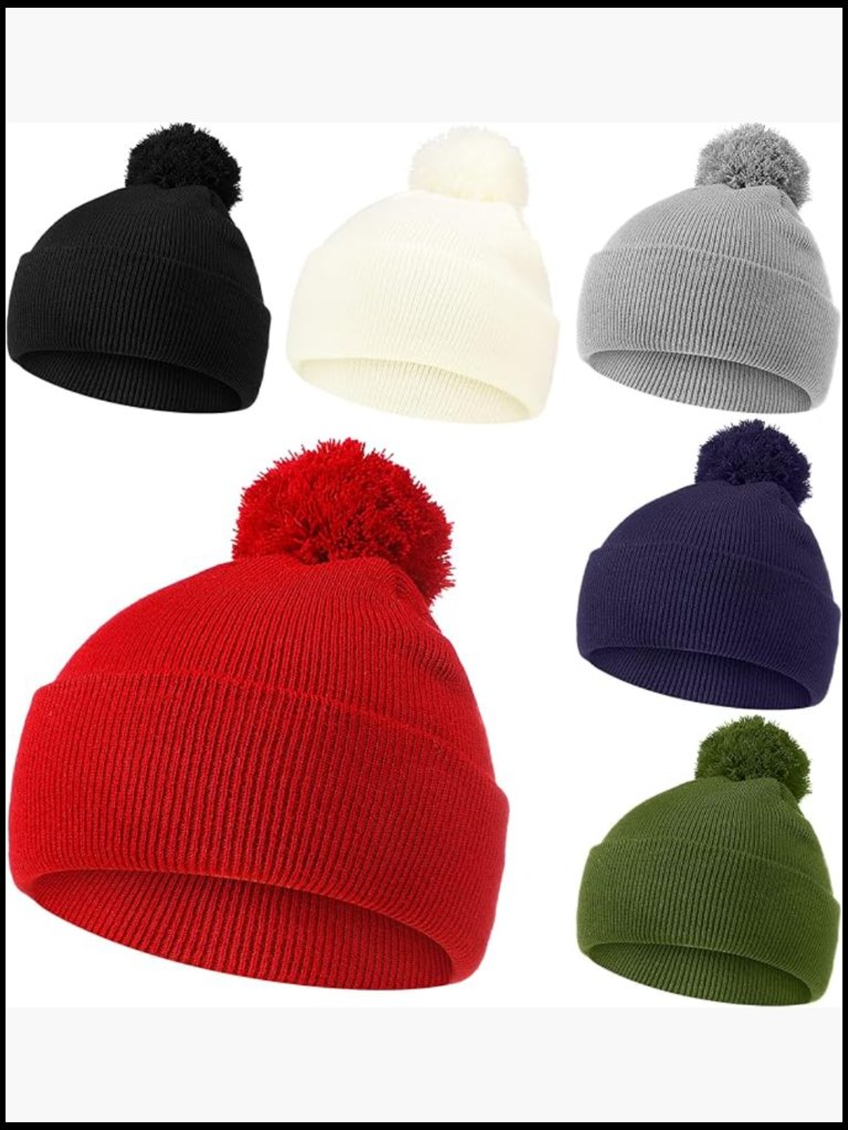 6 Pack Winter Knitted Beanies With Faux Fur Pom - Soft Acrylic Stretch Fit For